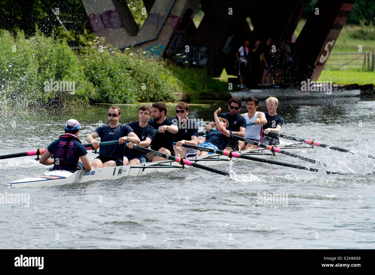 Cambridge May Bumps, Emmanuel College men`s eight with rower catching a crab Stock Photo